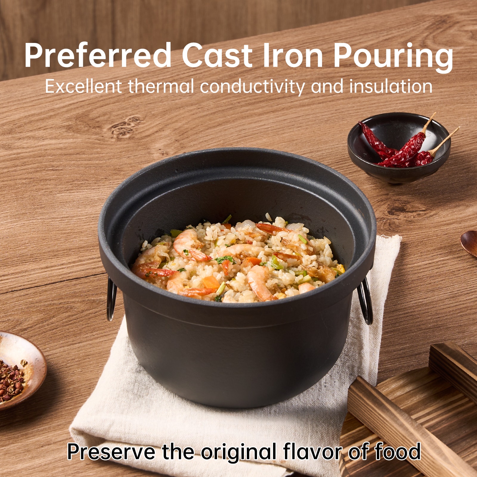 WANGYUANJI Cast Iron Dutch Oven With Wooden Lid, Safe And Non-Coatings, Deep Pot For Camping, 7.9" Cast Iron Pot With Handles For Cooking Rice, Soup, Skewers_voghion.com